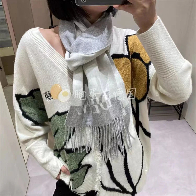 Шарф Lolwei с цветными блоками и кисточками - 90 г - Австралийская шерсть - 10 г - Кашемир - Серый - 1 шт.