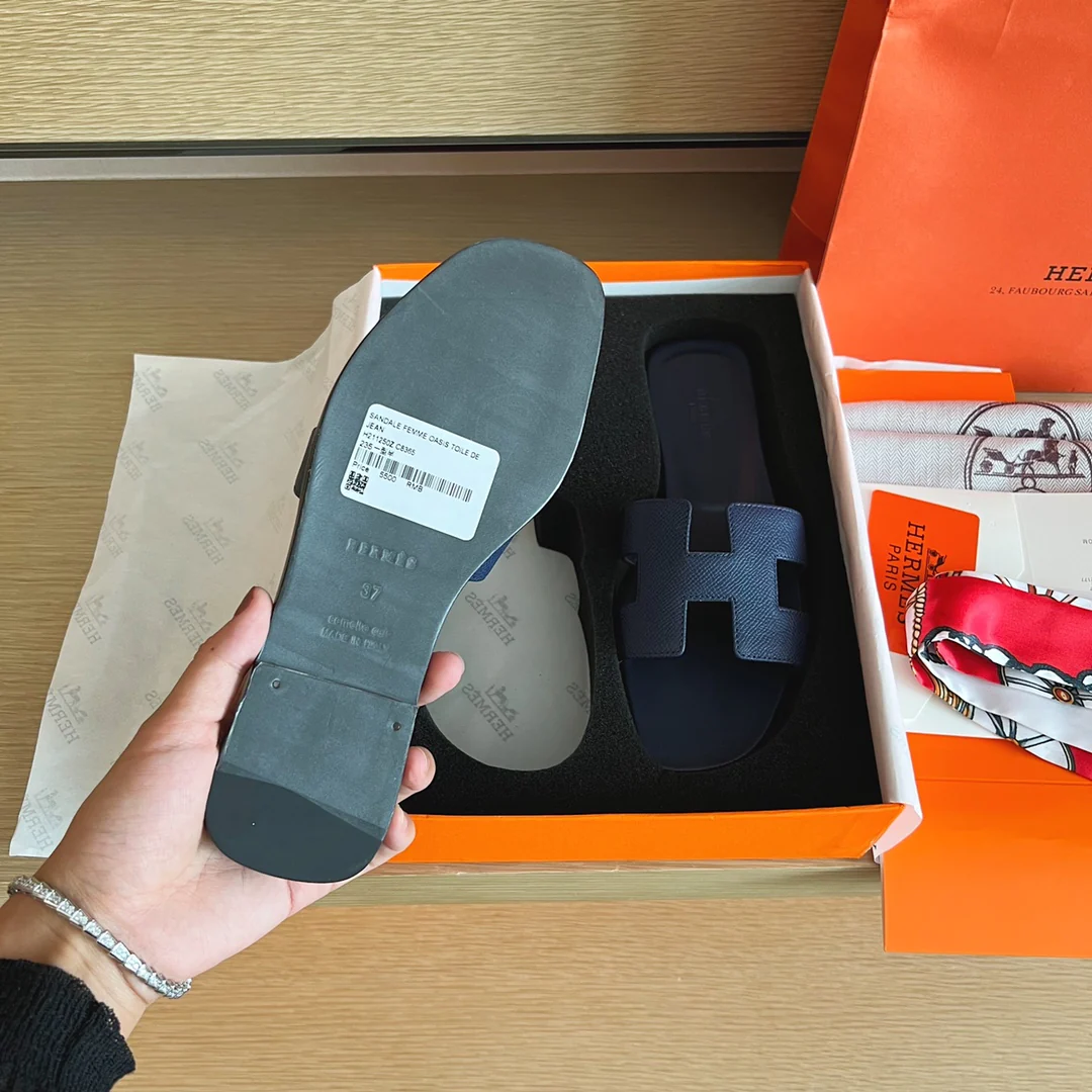 Тапочки Hermes H на плоской подошве - серия с принтом пальмовых листьев - подошва с полным покрытием - 2 шт.