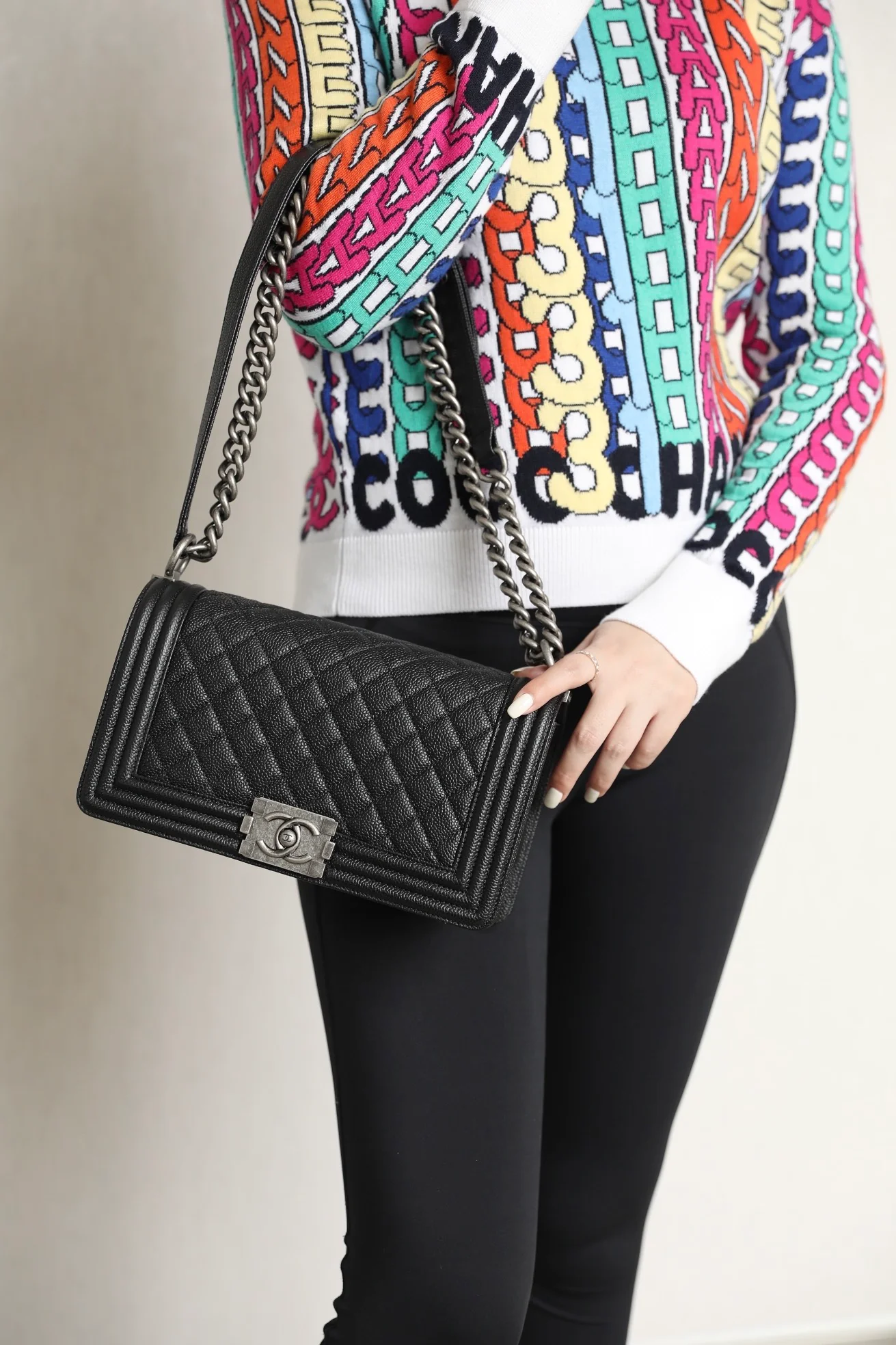 Chanel Le Boy Crystal Diamond Pattern Caviar - Medium - Black Silver