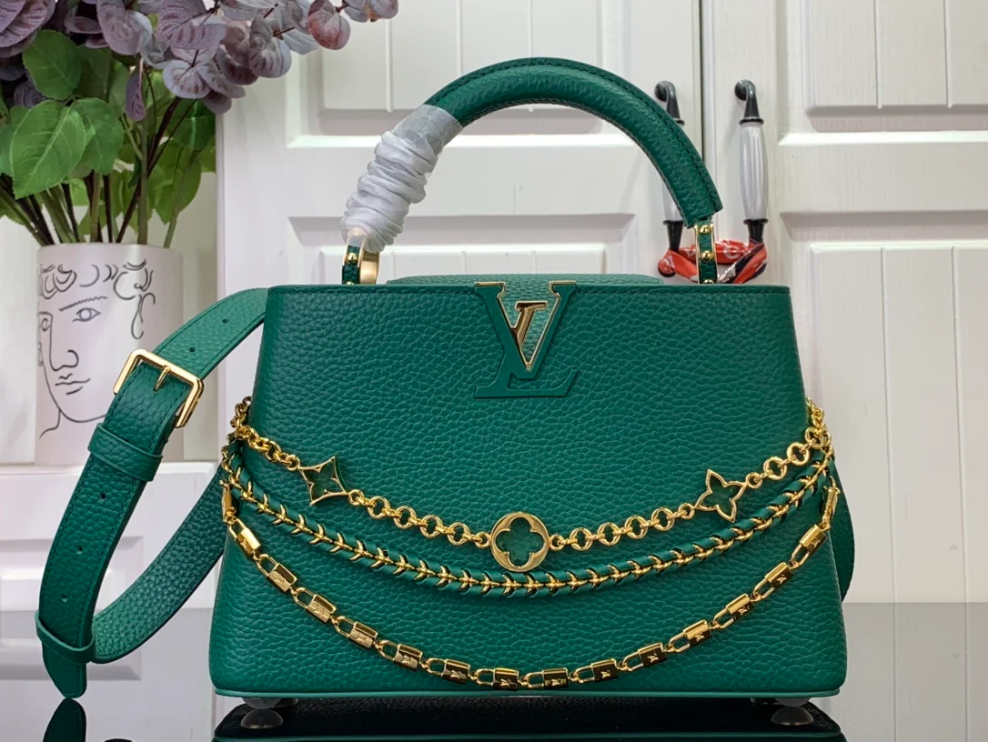 LV Capucines BB - Сумка из коровьей кожи с цветочным узором и цепочкой - зеленая