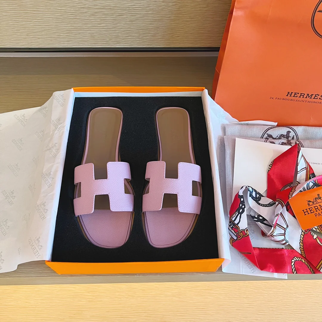 Тапочки Hermes-h на плоской подошве - серия с принтом пальмовых листьев - 1