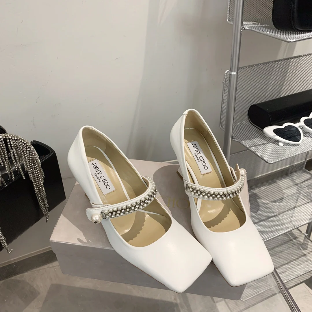 Туфли на высоком каблуке Jimmy с квадратным носком и пряжкой из жемчужной цепочки - 1