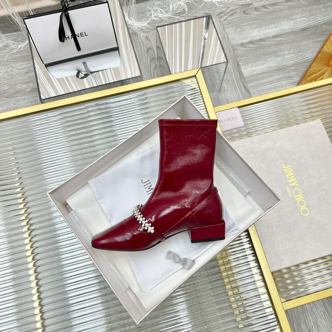 Ботильоны Jimmy с квадратным носком и цепочкой со стразами - красные