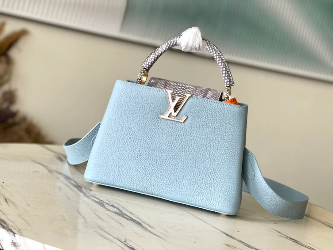 m21166-LV-Taurilon Leather-Capucines Handbag-Snake Blue-Smack Small Size