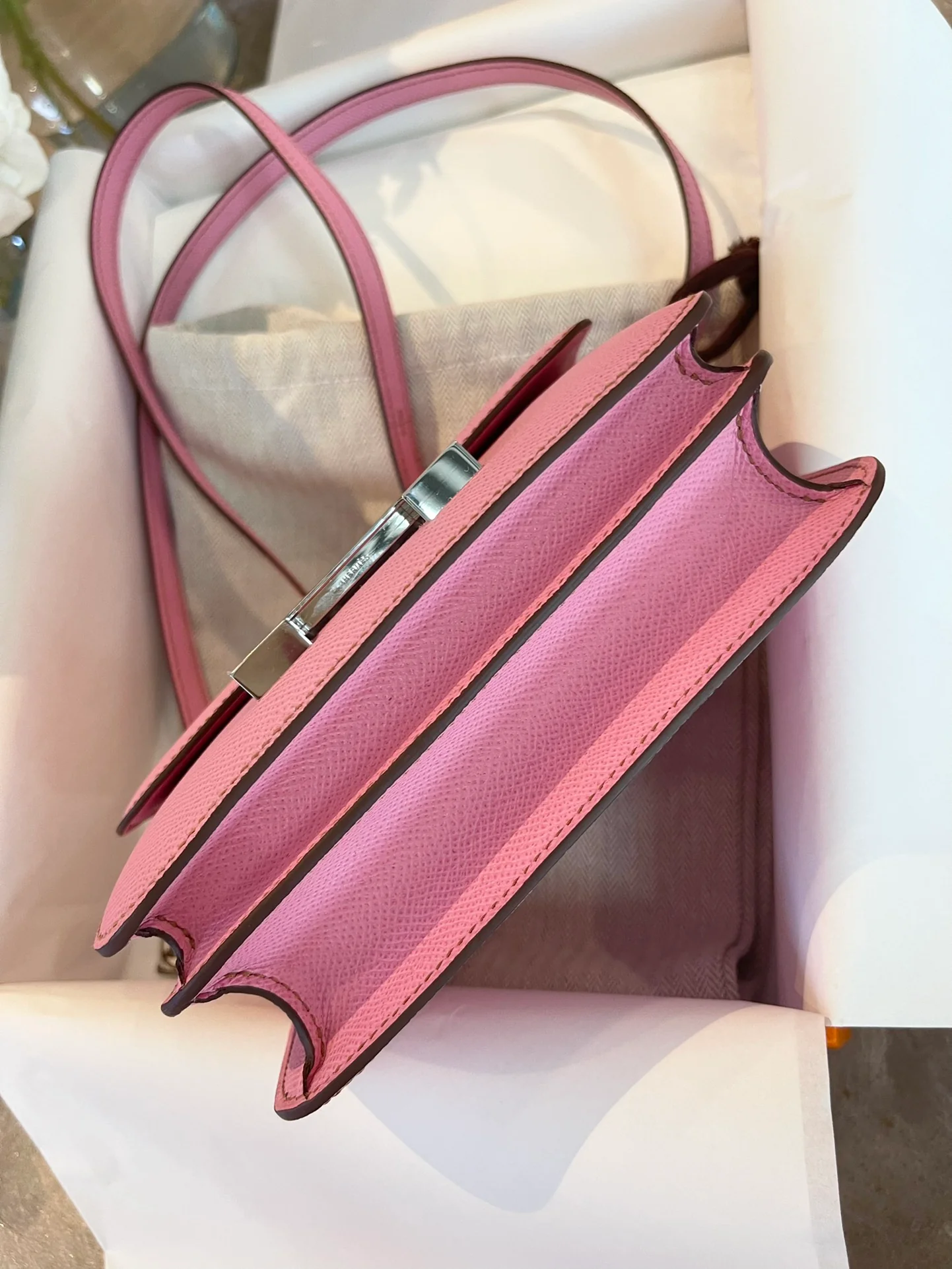 Hermes Constance 19-5p Вишневый розовый серебряный пряжка