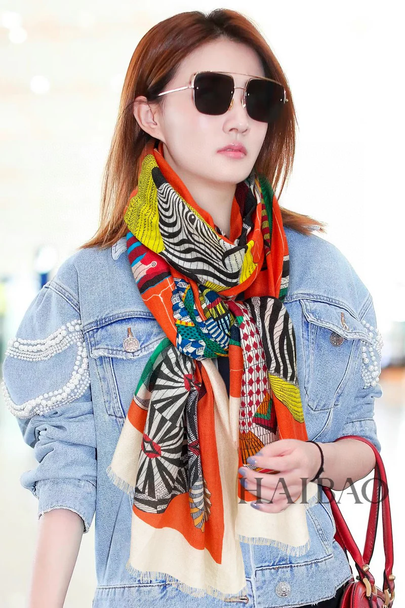 Длинный шарф Hermes с цветочным принтом - 110 см - 200 см - 100% высококачественный кашемир - оранжевый