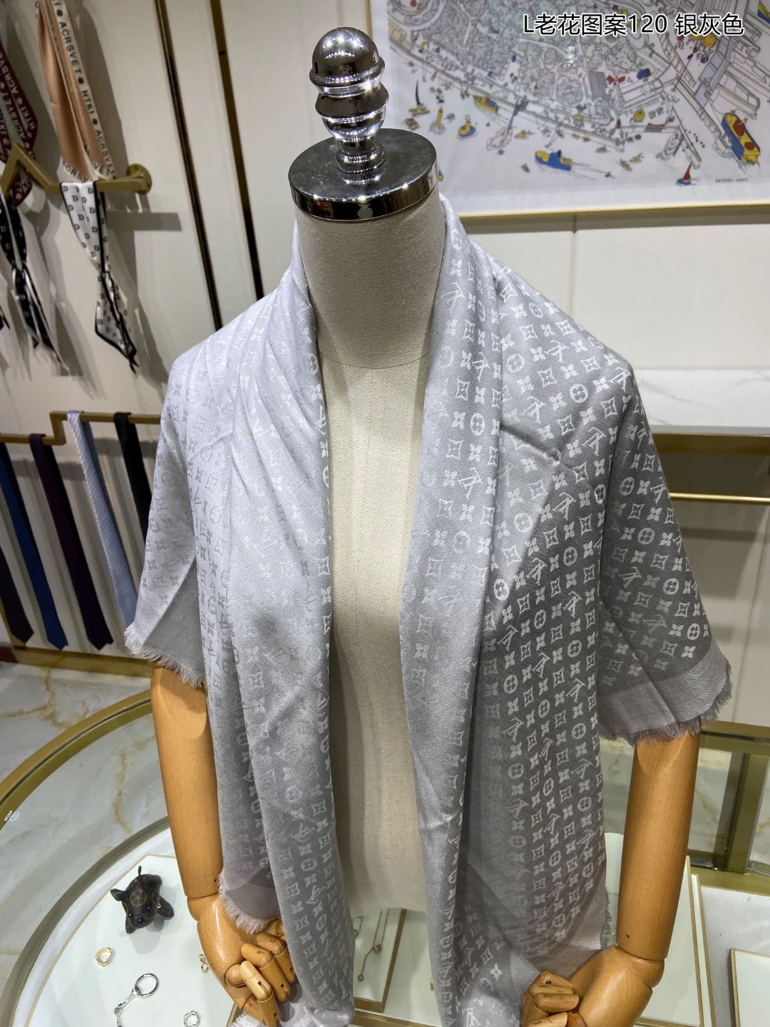 Шарф LV Monogram - 120 см - Шелк и шерсть - Серый