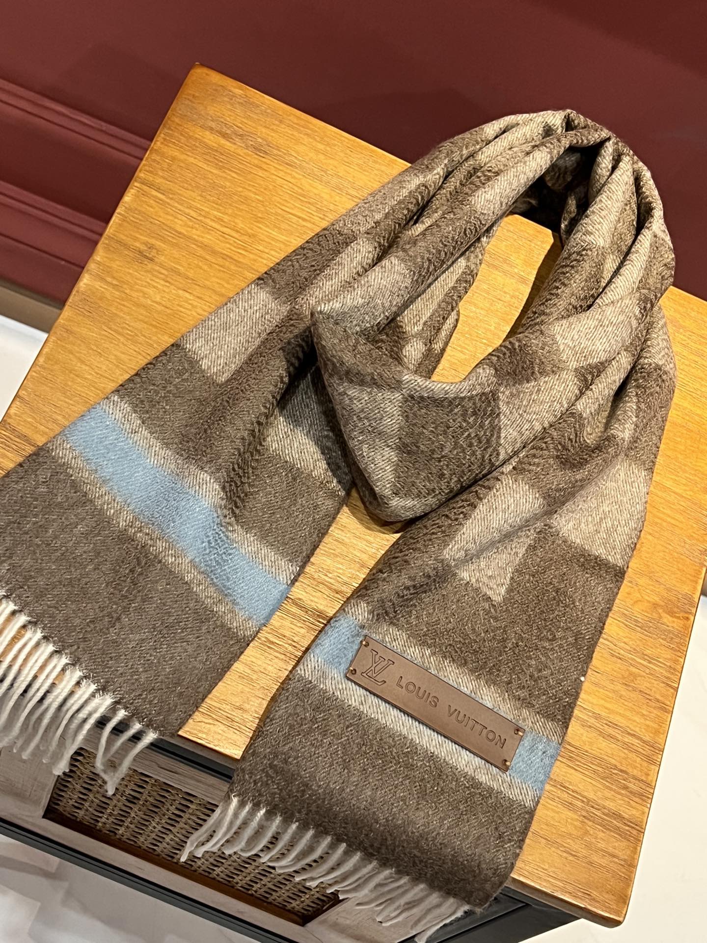 Двусторонний шарф LV Damier - 30 см (190 см) - с кисточками - 100% кашемир - коричневый