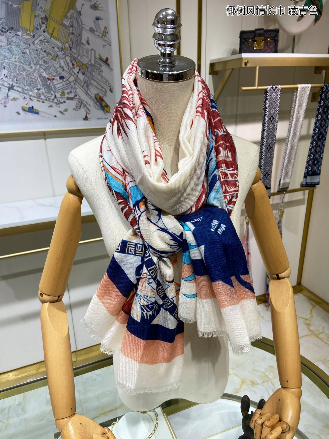 Длинный шарф Hermes в стиле ?Кокосовая пальма? — 110 см x 200 см — 100% высококачественный кашемир — белый.