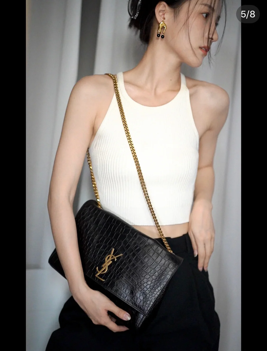 YSL-Kate Double Bread - Кожа с тиснением под крокодила - Черный - 28 см