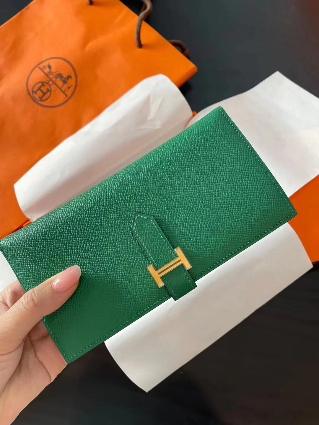 Длинный кошелек Hermes Bearn - бархатно-зеленый