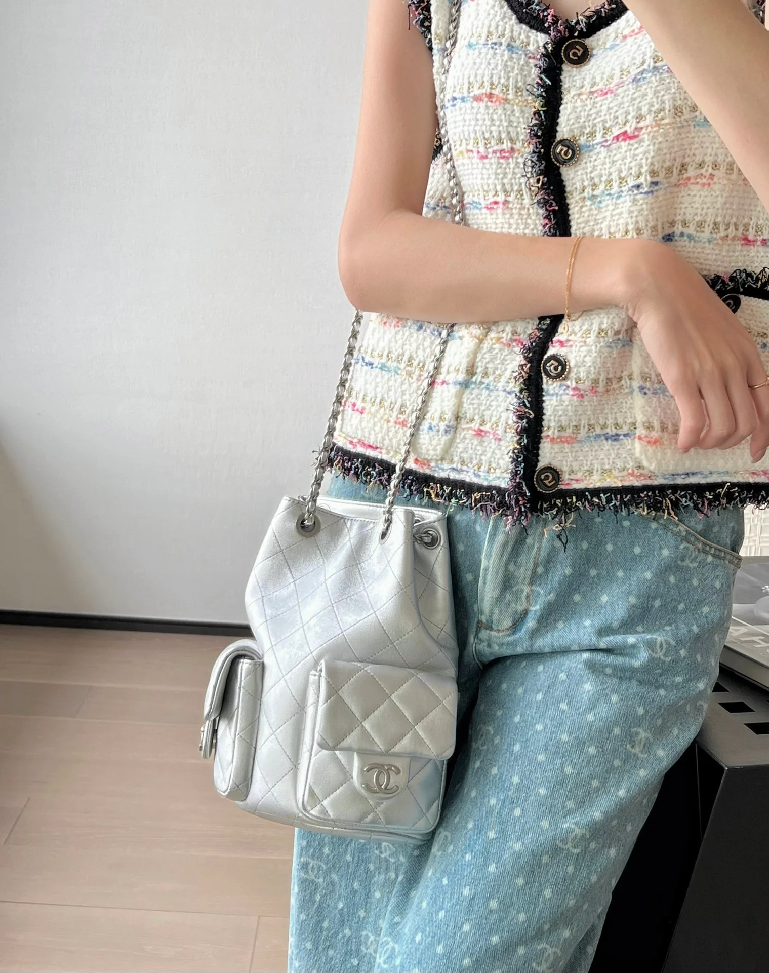 Рюкзак Chanel 25c на завязках - серебристый