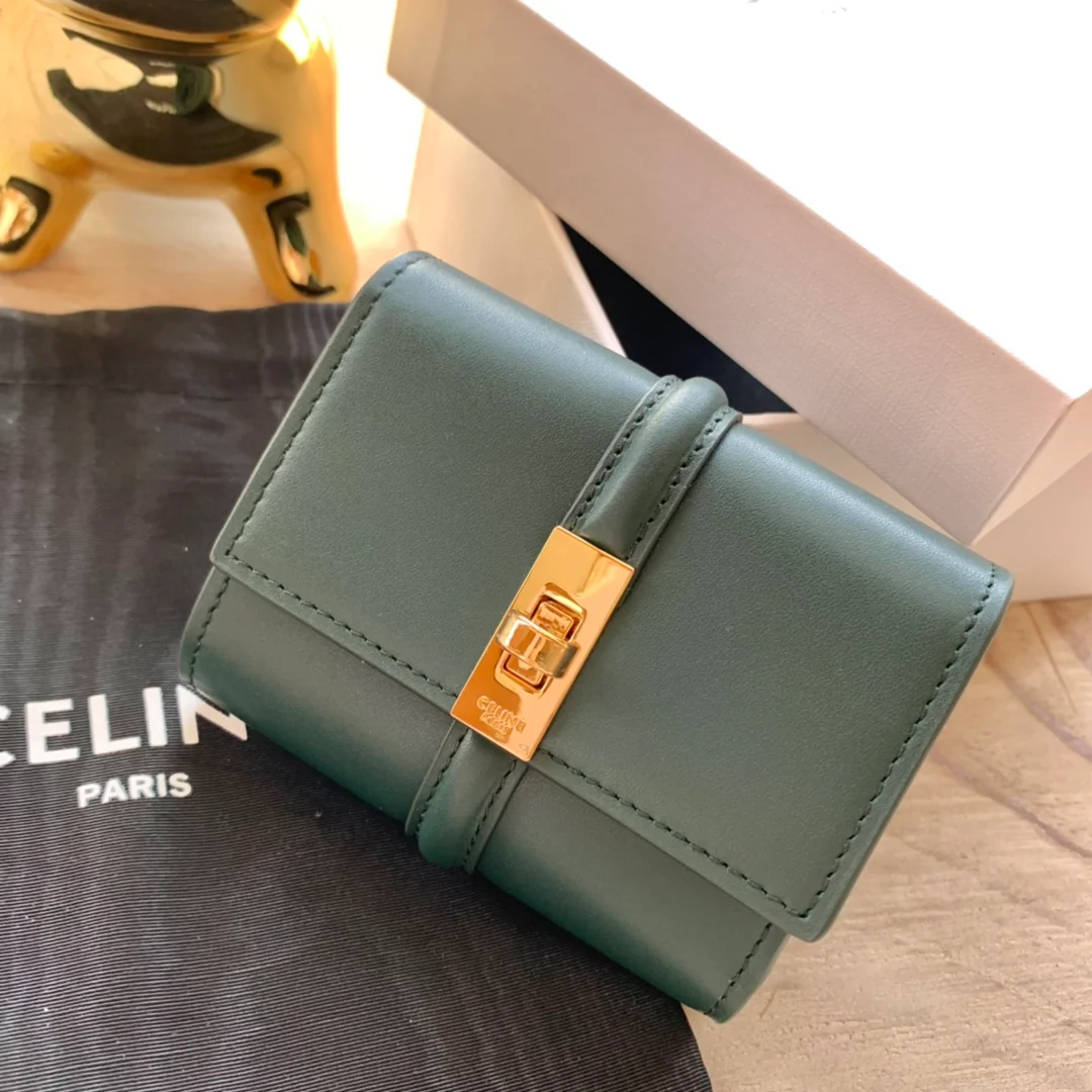 Маленький глянцевый кожаный трехсекционный кошелек Celine - 2 шт.