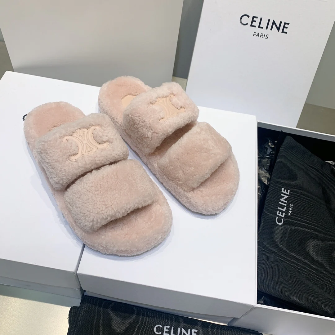 Celine - Шерстяные тапочки из овечьей кожи с логотипом - Размеры 35-39-40-41 (изготовление на заказ)