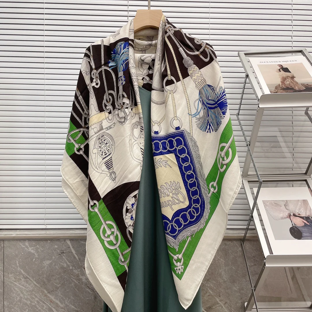 Большой двусторонний шарф Hermes - 136 см - 30 - Шелк 70 - Шерсть - 1