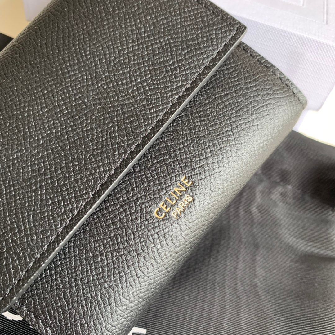 Короткий трехсекционный кошелек Celine - с принтом в виде пальмовых листьев, черный.