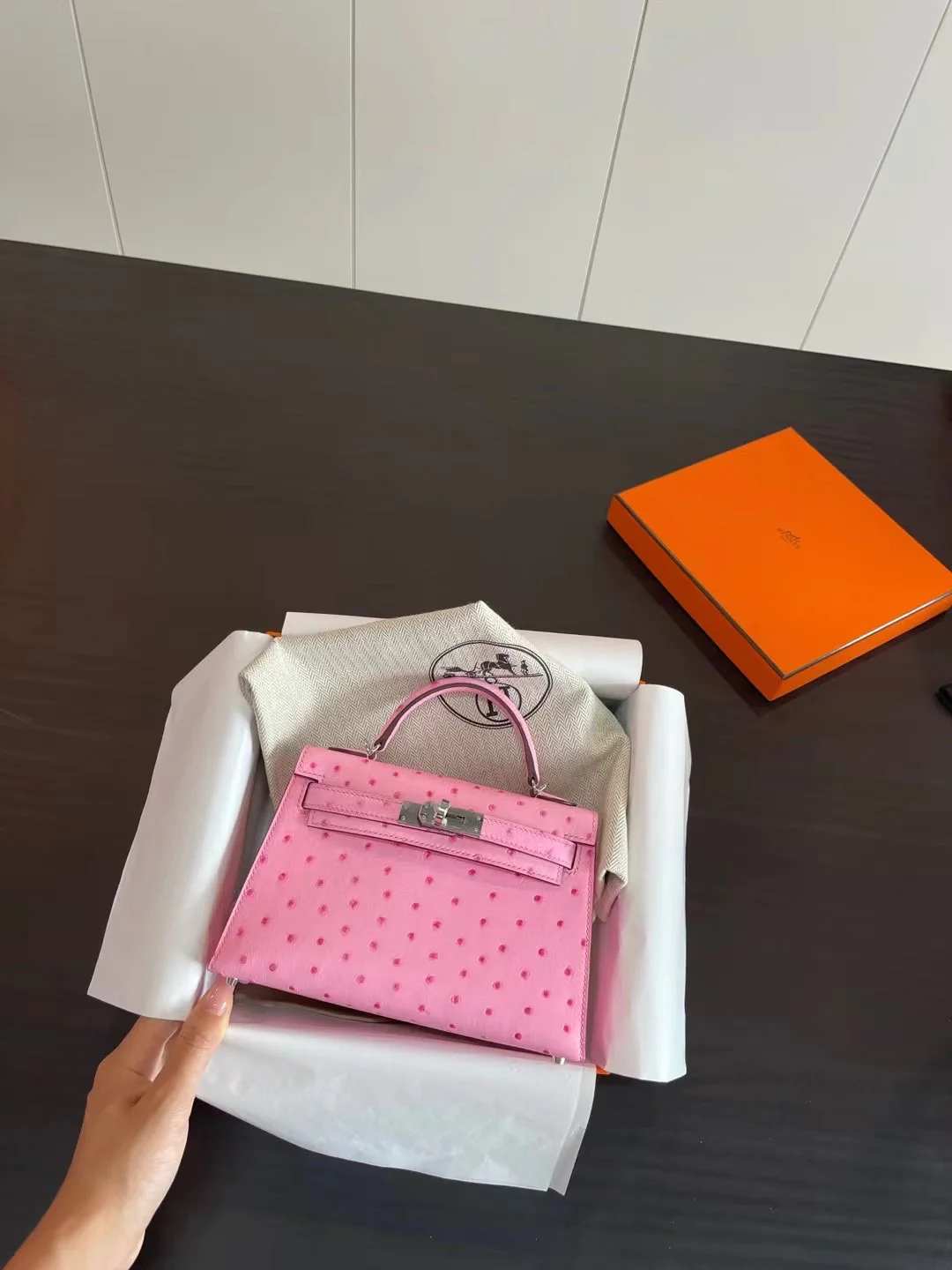 Миниатюрная пряжка Hermes Kelly Mini 2nd Generation из страусиной кожи с эффектом ?пузырьковой пудры?