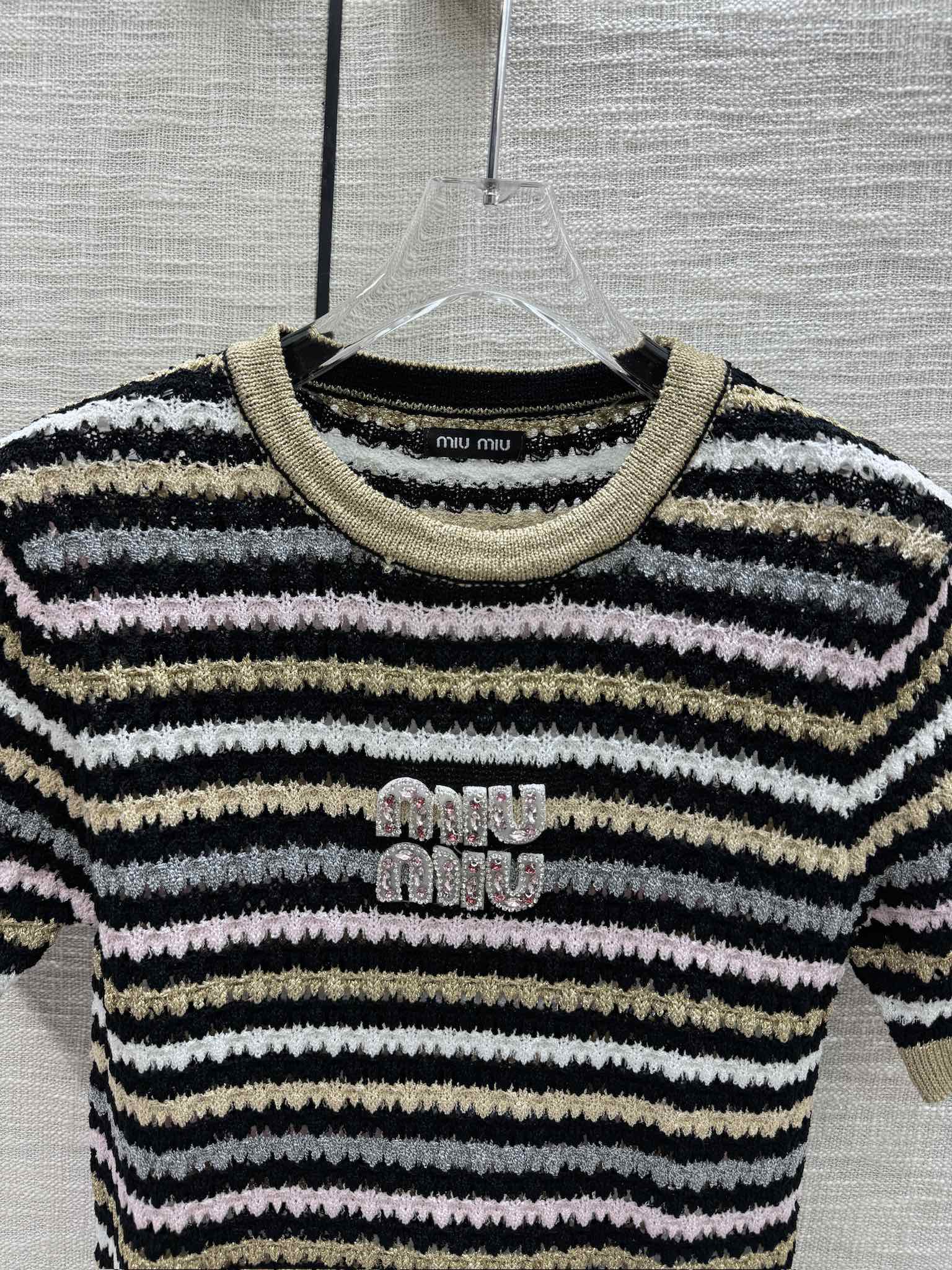 Miu Miu - 2404 - Трикотажная футболка с коротким рукавом в полоску, с цветовыми блоками - Желтая