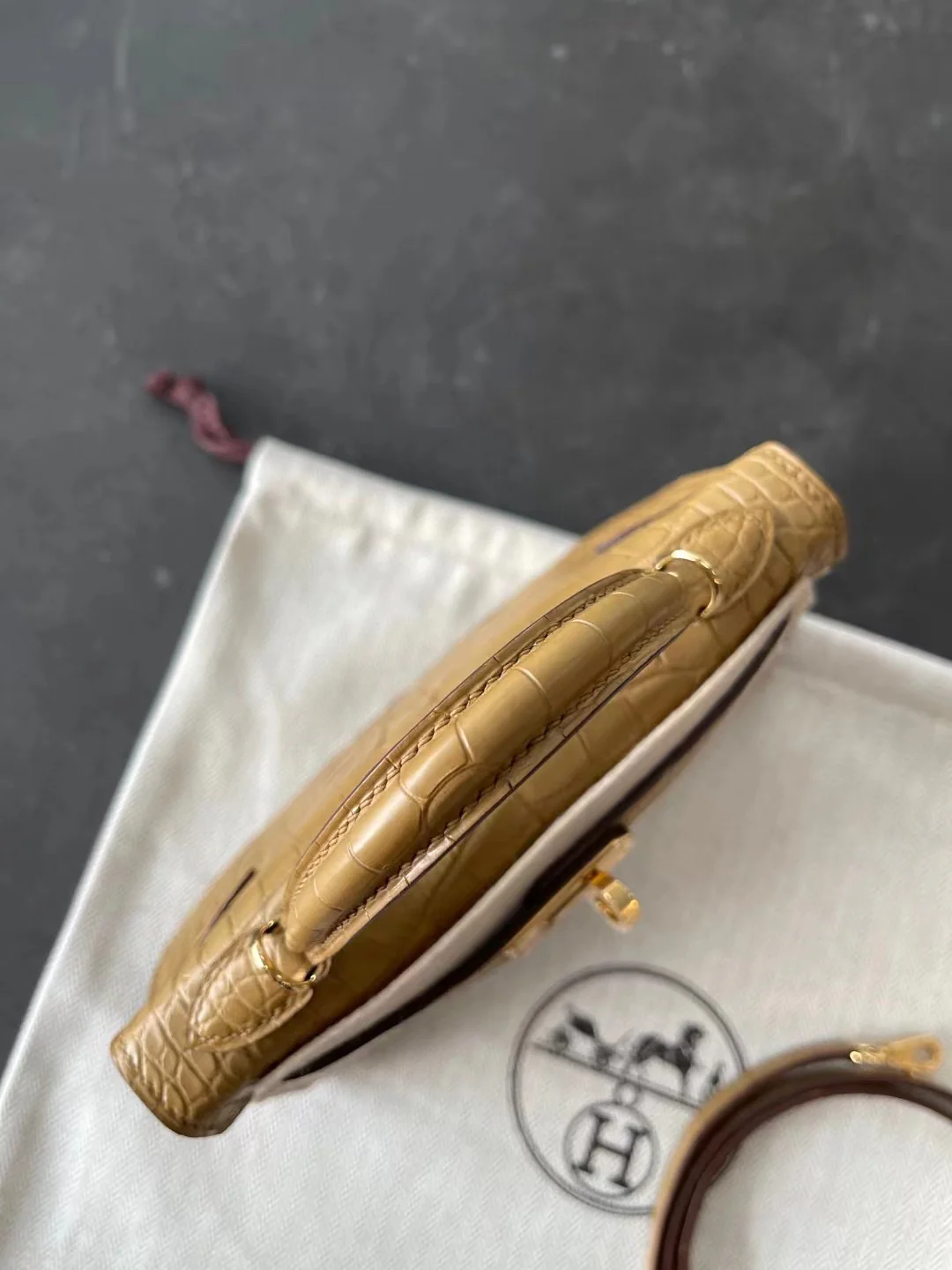 Сумка Hermes Kelly Mini 2-го поколения - матовая кожа аллигатора - крафт-бумага земляных тонов 2h - золотая пряжка