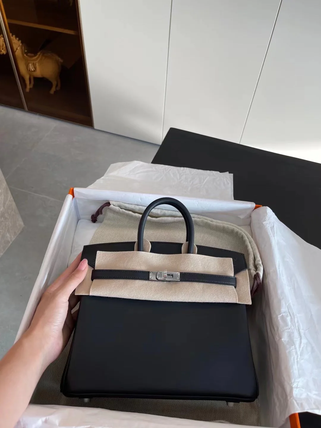 Сумка Hermes Birkin 25 Jonathan Black с серебряной пряжкой и U-образной гравировкой.