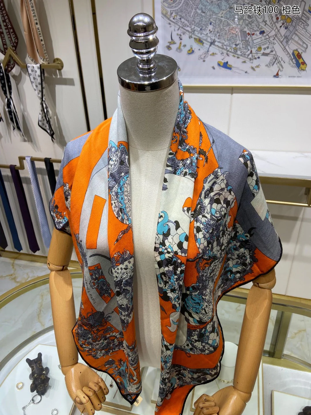 Кашемировый квадратный шарф Hermes в форме подковы - 100 см - 70 см - Кашемир - 30 см - Шелк