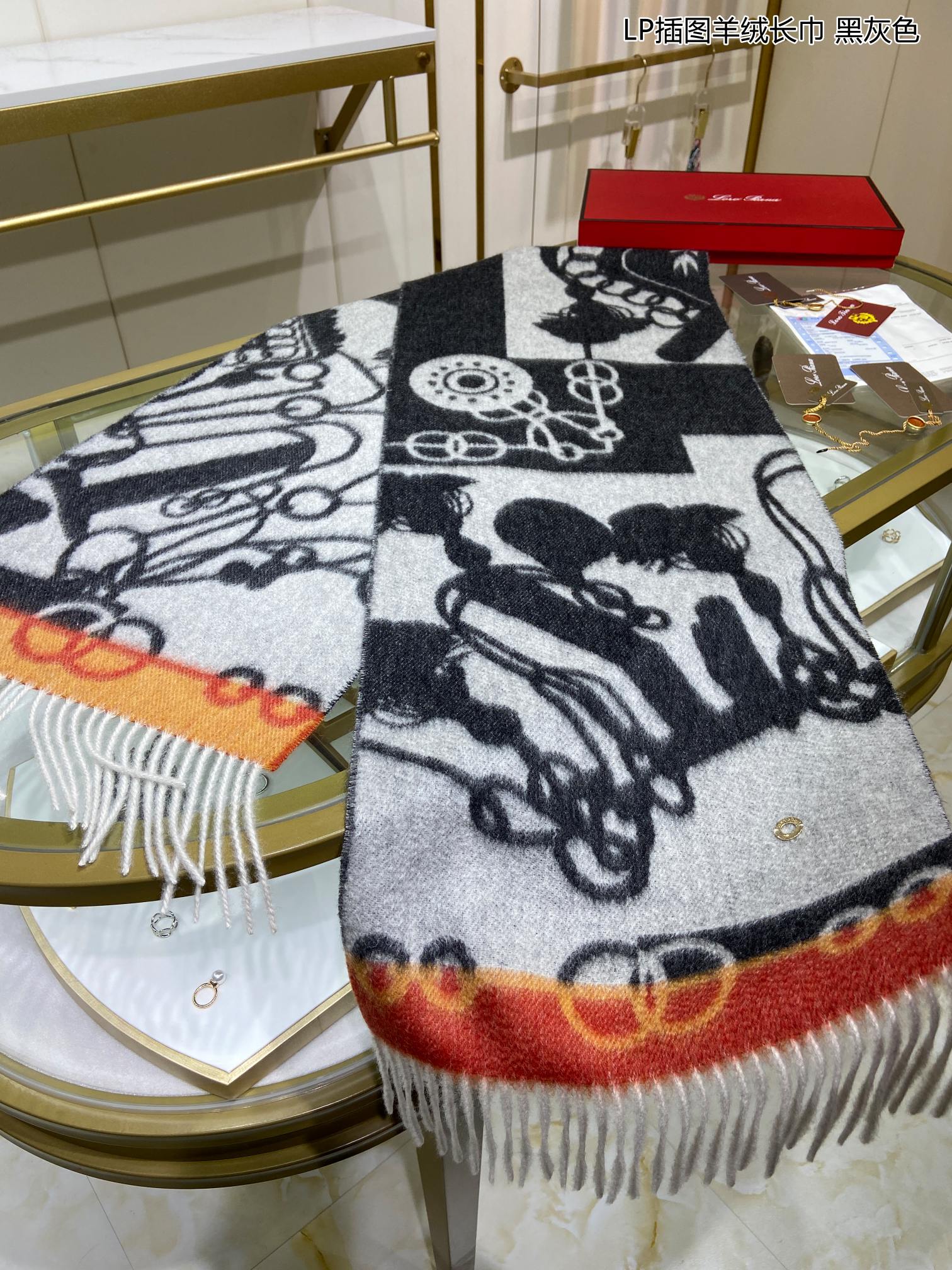 Loro Piana - Длинный кашемировый шарф с иллюстрацией - 33 - 190 см - 100 г - Кашемир высшего качества - 2 шт.