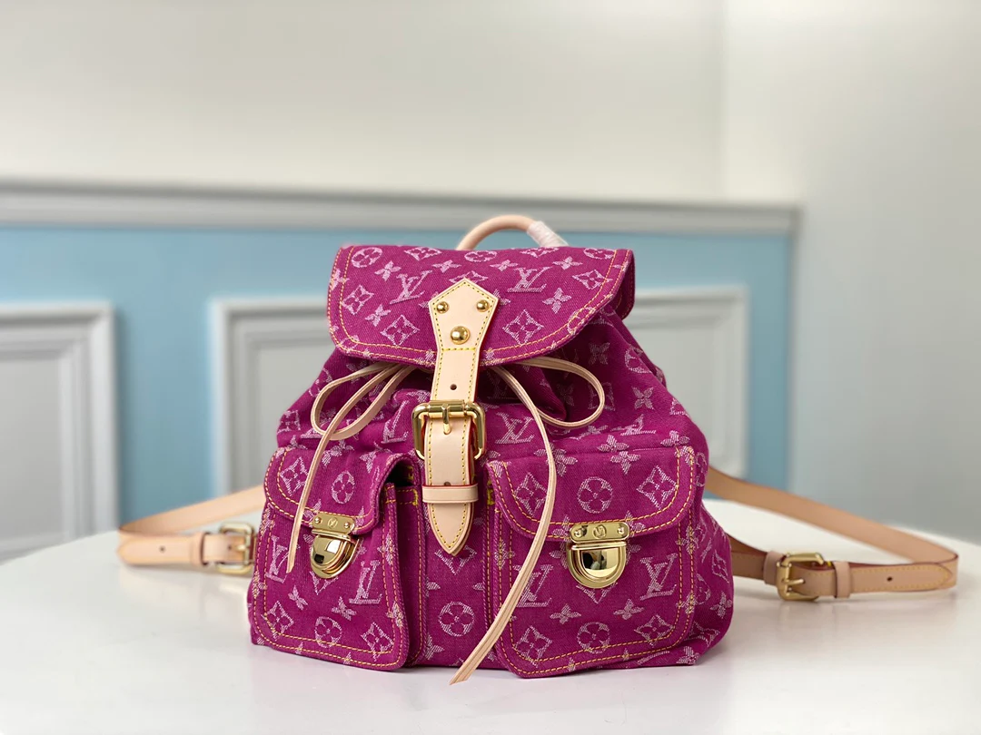 m44460-LV-Винтажный лимитированный выпуск - Джинсовый рюкзак/сумка через плечо - Розово-красный