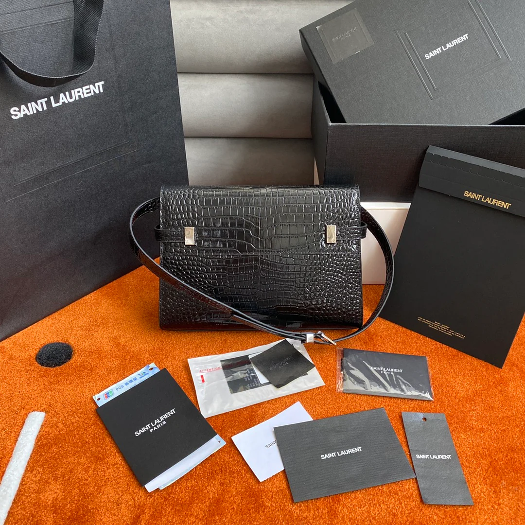 Сумка YSL Manhattan - с тиснением под крокодиловую кожу - черная с серебристой фурнитурой - маленький размер