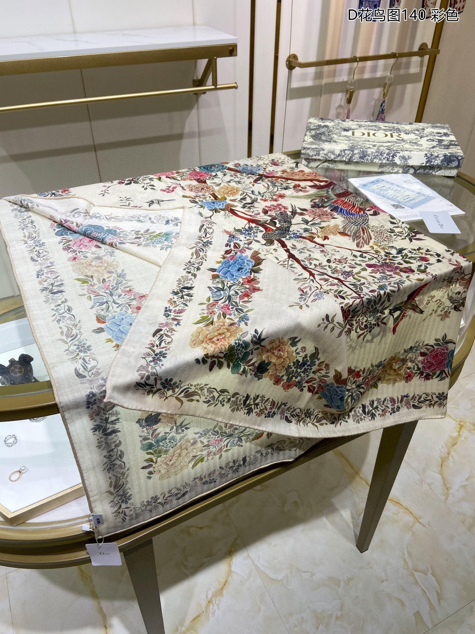 Квадратный шарф Dior с цветочным и птичьим узором - 140 см - 70% кашемир - 30% шелк