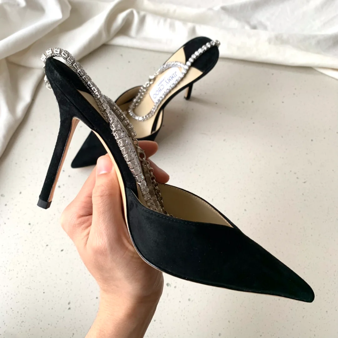 Босоножки на высоком каблуке Jimmy с цепочкой на щиколотке и стразами - Тканевые - Черные