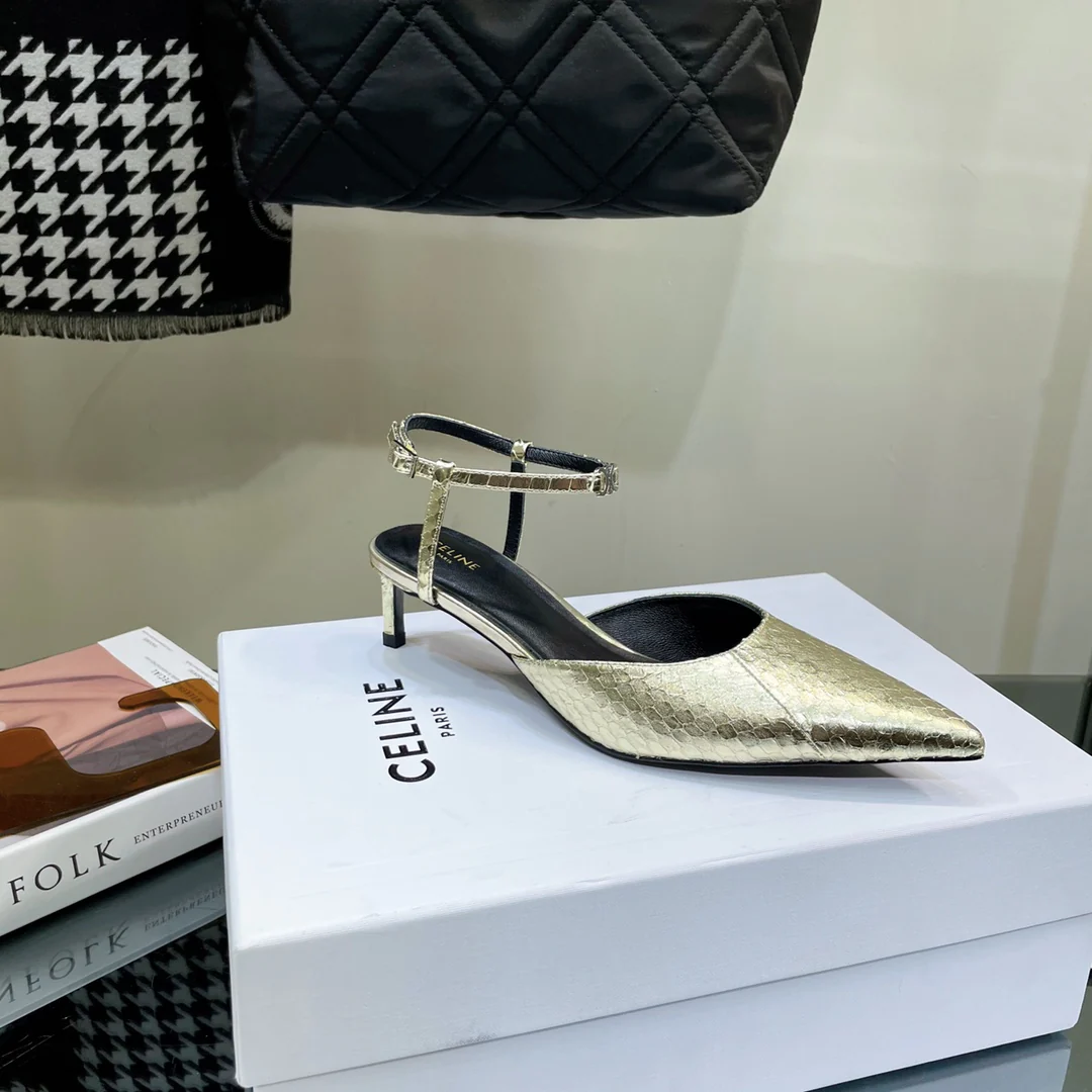 Новинка сезона весна/лето 2023 от Celine — сандалии на низком каблуке с острым носком.