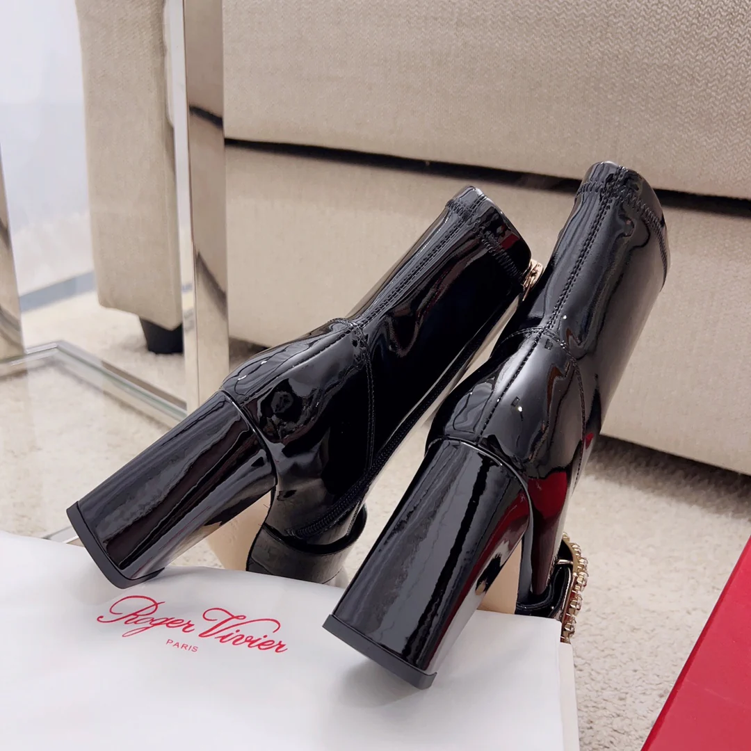 Обувь RV - Tres Vivier - Ботильоны на массивном эластичном каблуке - Черная лакированная кожа