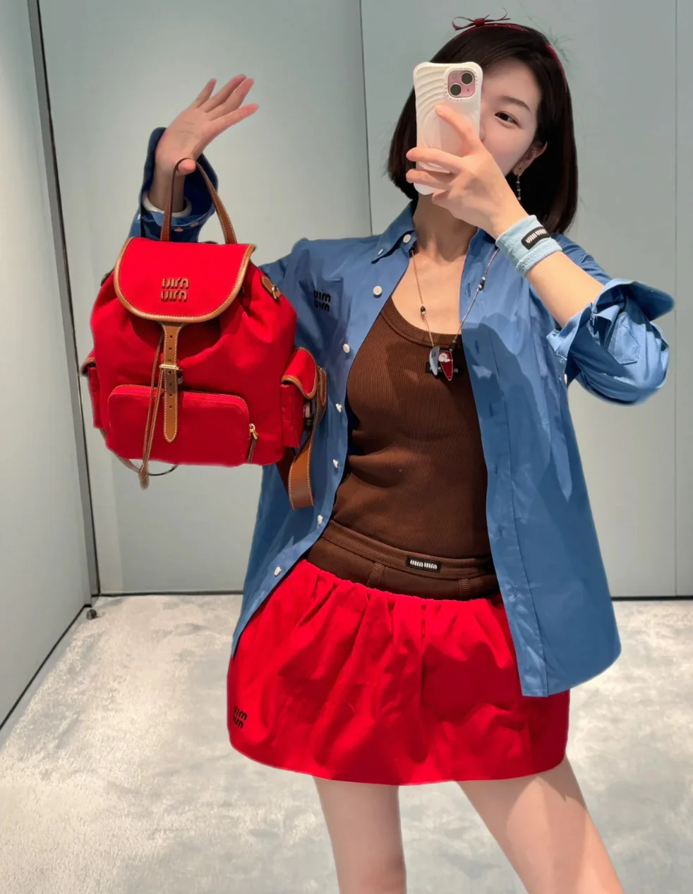 Рюкзак Miu Miu из канваса и кожи — красный (образ представлен отдельно)