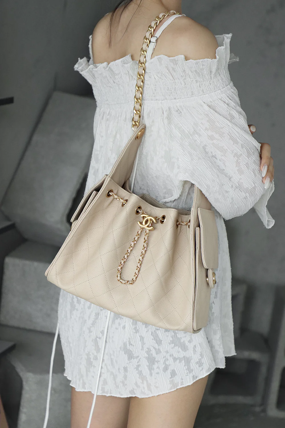 Сумка Chanel 25bag Hippie Hobo Bag, цвет ?макарон?, маленький размер, золотая пряжка.