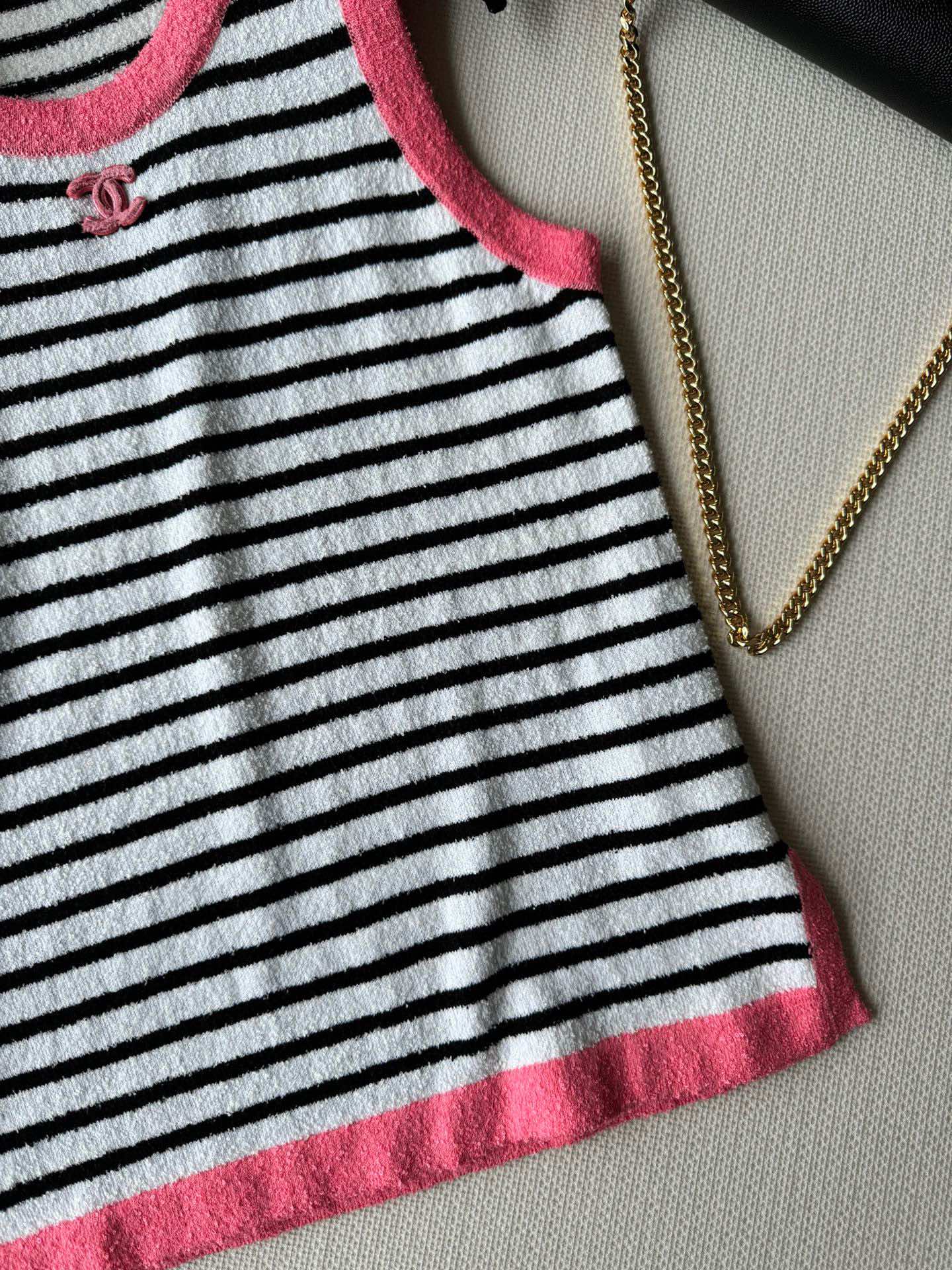 Жилет в стиле Chanel - 2403 - Новый полосатый жилет - Розовый