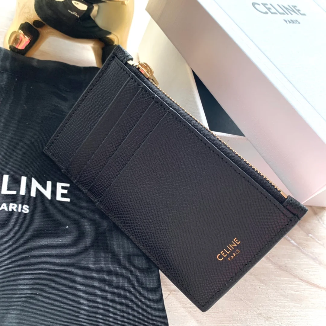 Кардхолдер Celine из зернистой телячьей кожи с застежкой-молнией - черный