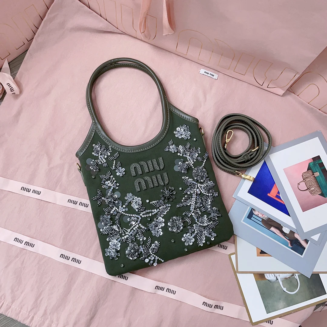 Сумка Miu Miu 5ba281 с вышивкой бисером в виде плюща - черная