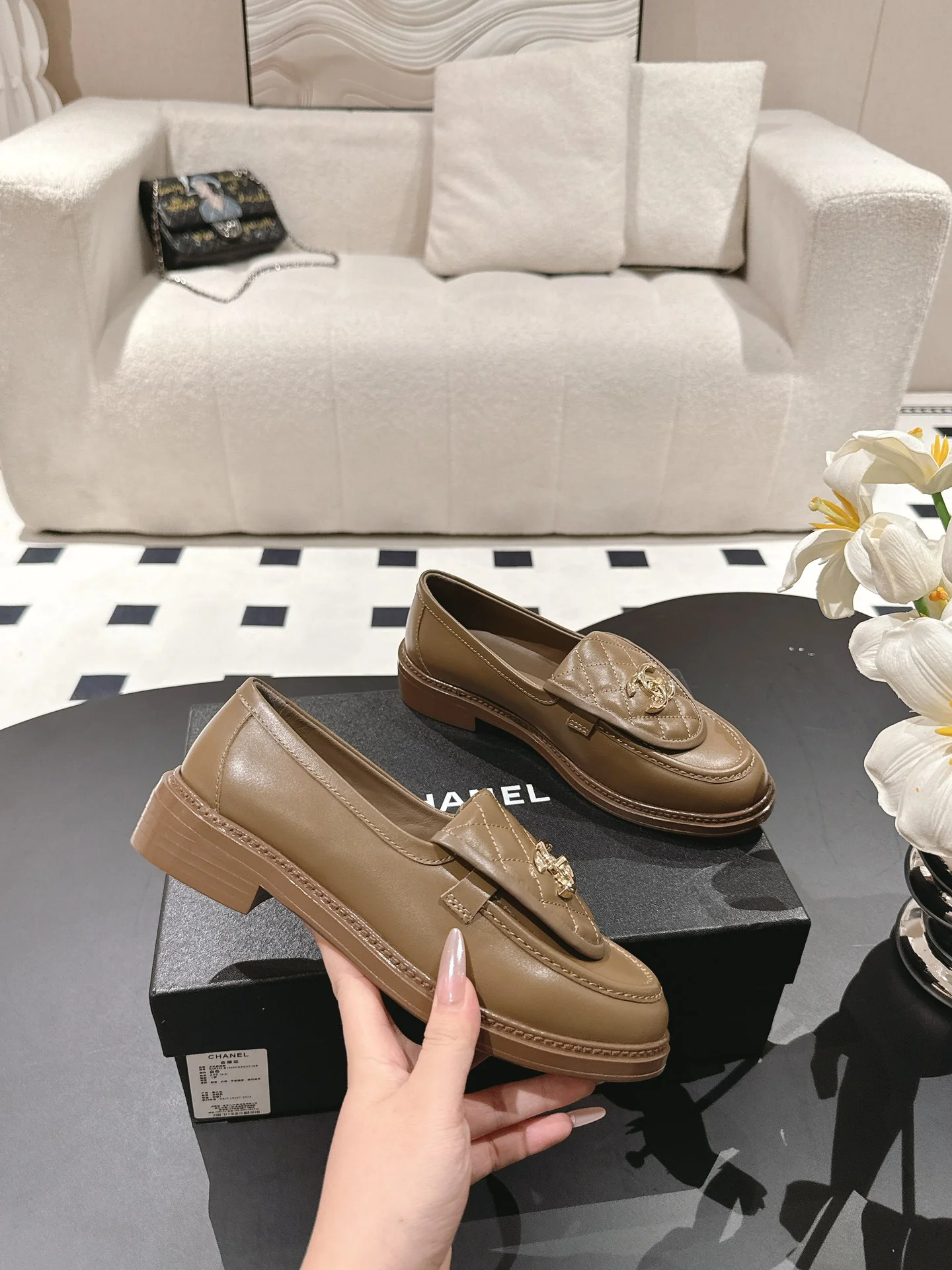 Лоферы Chanel 2024 в клетку - кофейно-коричневый