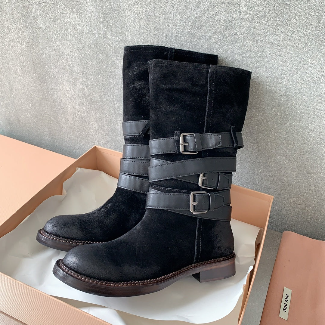 Новые мотоциклетные ботинки Miu Miu в стиле панк, 2023 год - черные.