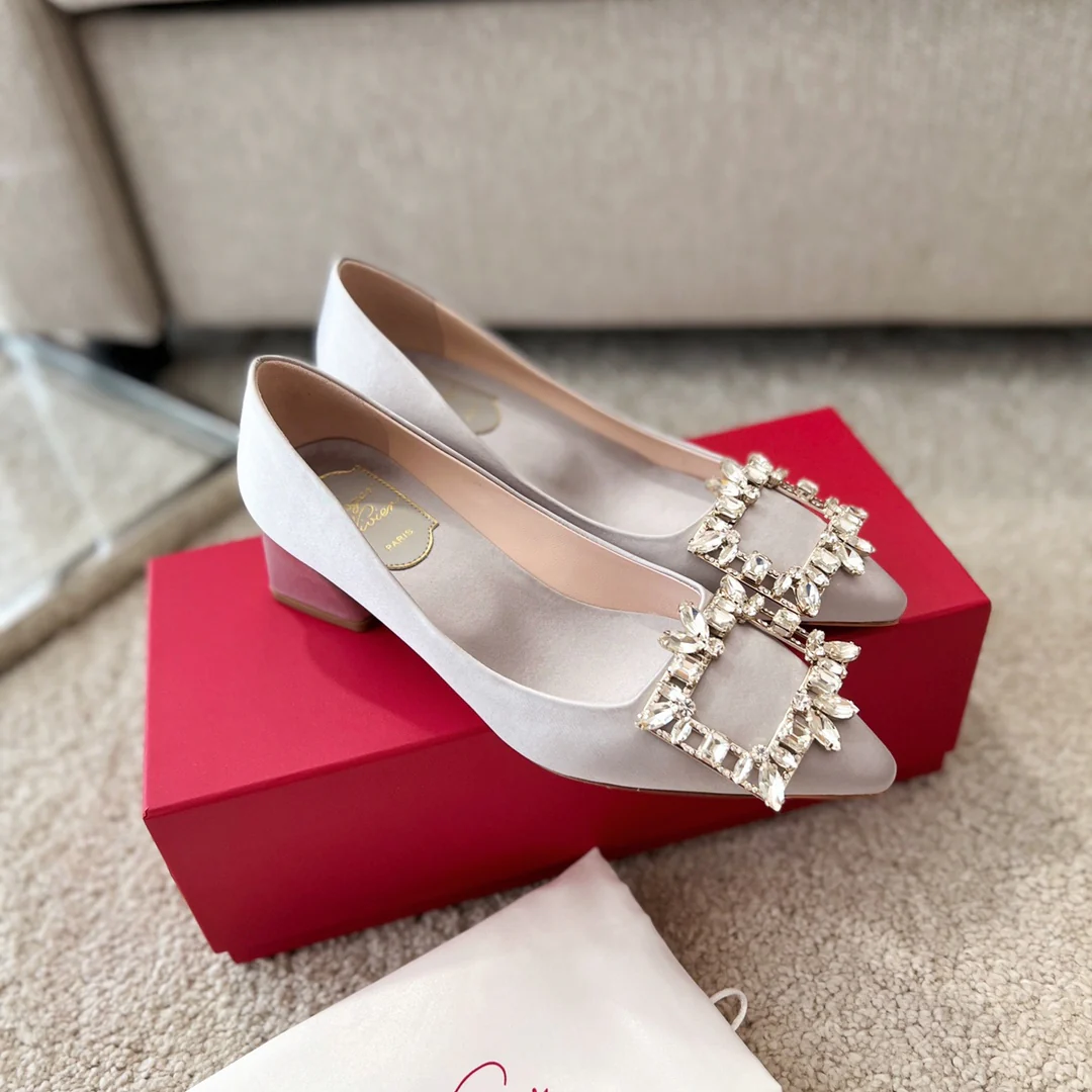 Туфли RV - Версальская пряжка с бриллиантами - низкий блочный каблук - серые