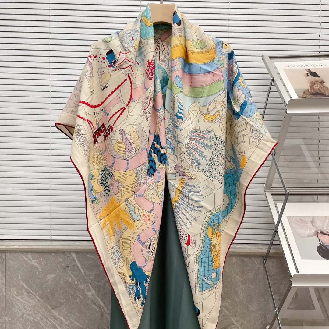 Большой двусторонний шарф Hermes - 136 см - 30 - Шелк 70 - Шерсть - 4