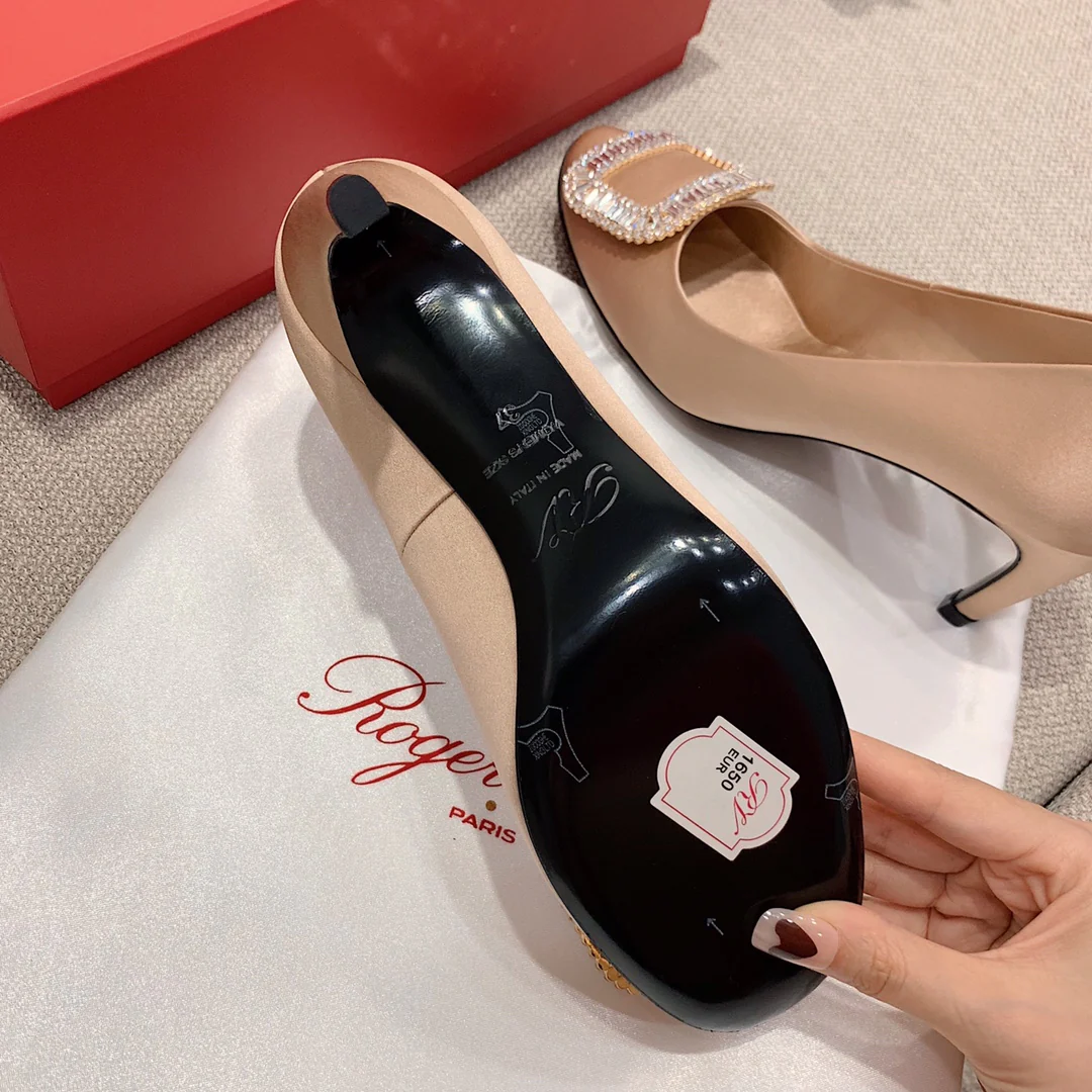 Каблук-банан RV-7-5 см - Шелковая пряжка со стразами - Розовый абрикосовый