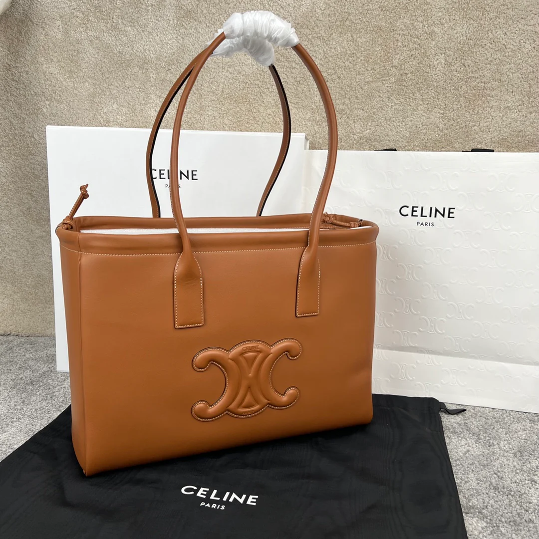 Сумка Celine Cabas Triomphe из гладкой кожи с завязками - коричневая
