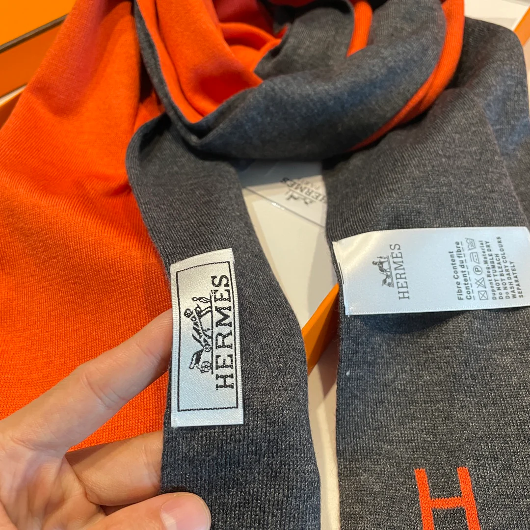 Вязаный кашемировый двусторонний шарф Hermes - 32 см - 180 см - оранжево-серый