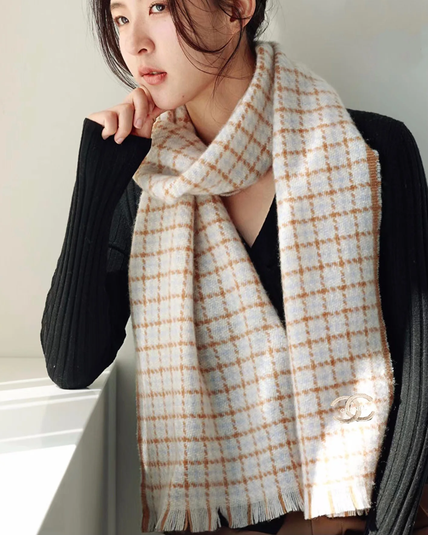 Шарф Chanel в клетку Double C - 190 см - 32 см - 100% кашемир - серый