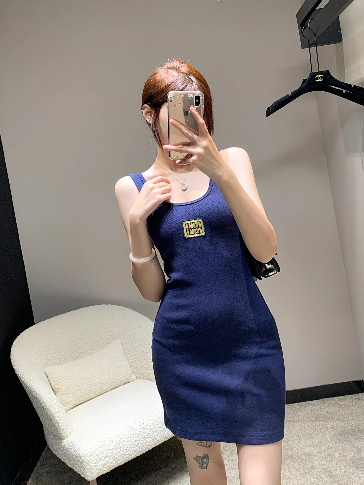 Miu Miu - 2404 - 24ss Весна/Лето Новинка - Хлопковое ребристое платье-жилет с логотипом - Синее