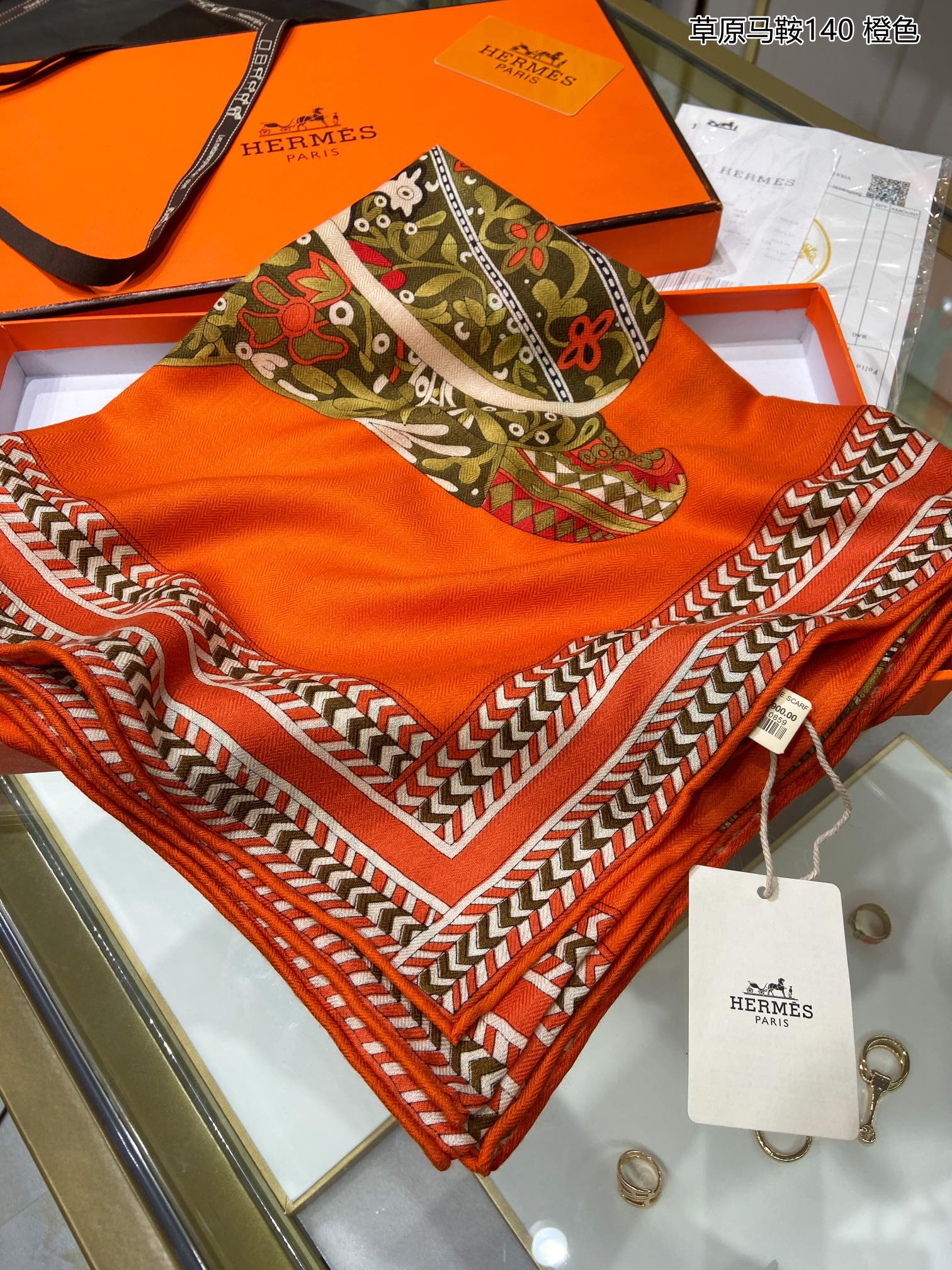 Hermes - Prairie Saddle - Квадратный шарф из высококачественного шелкового кашемира (140 г).