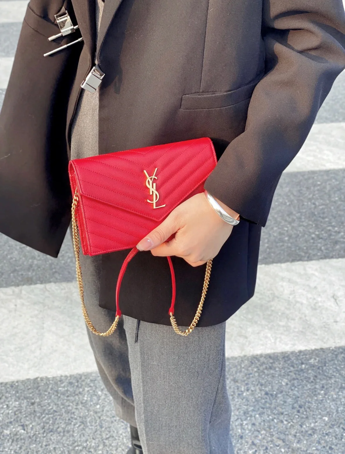 YSL Monogram Caviar WOC Red with Gold buckle 19cm