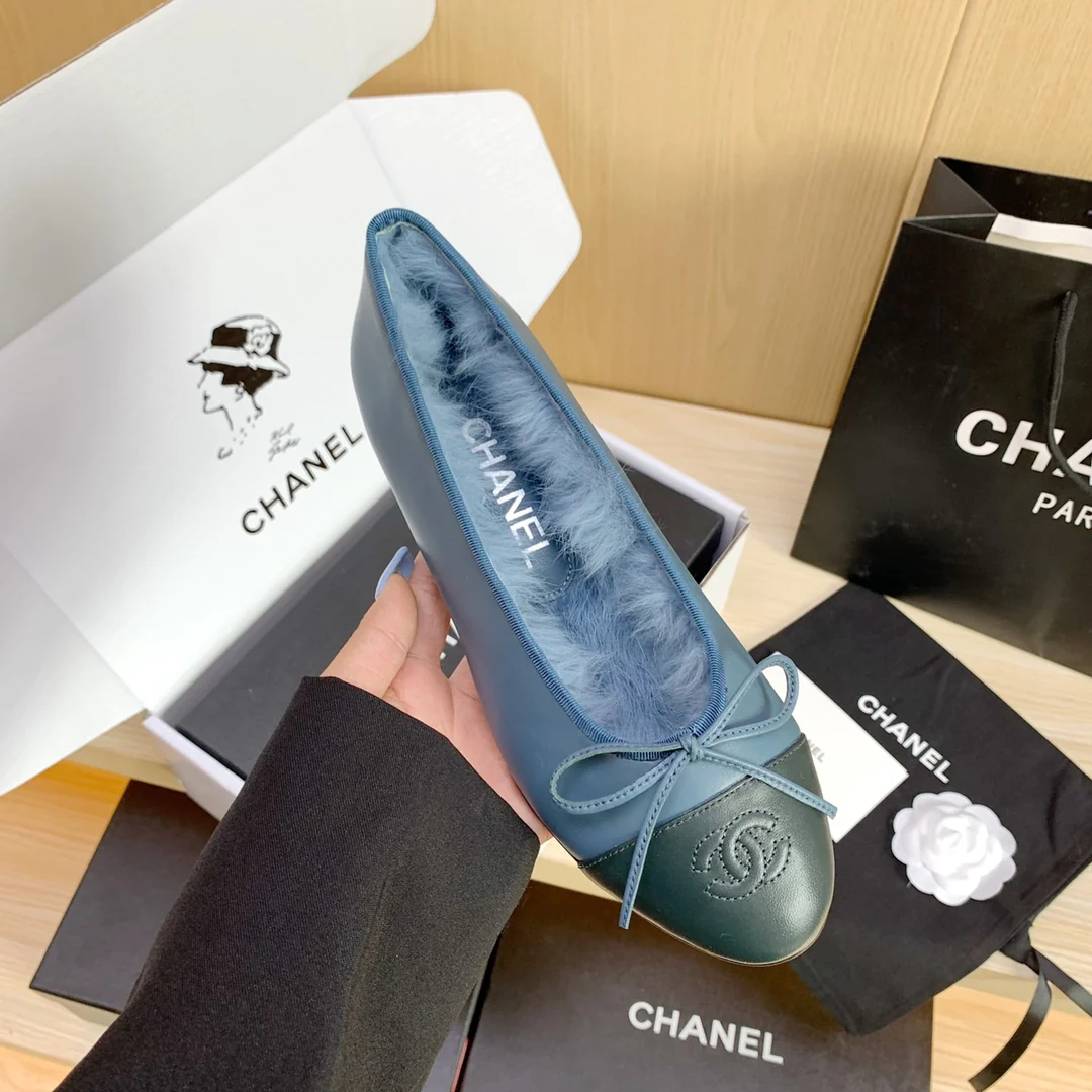 Chanel - Классические балетки - Вариант с кроличьим мехом - Синие