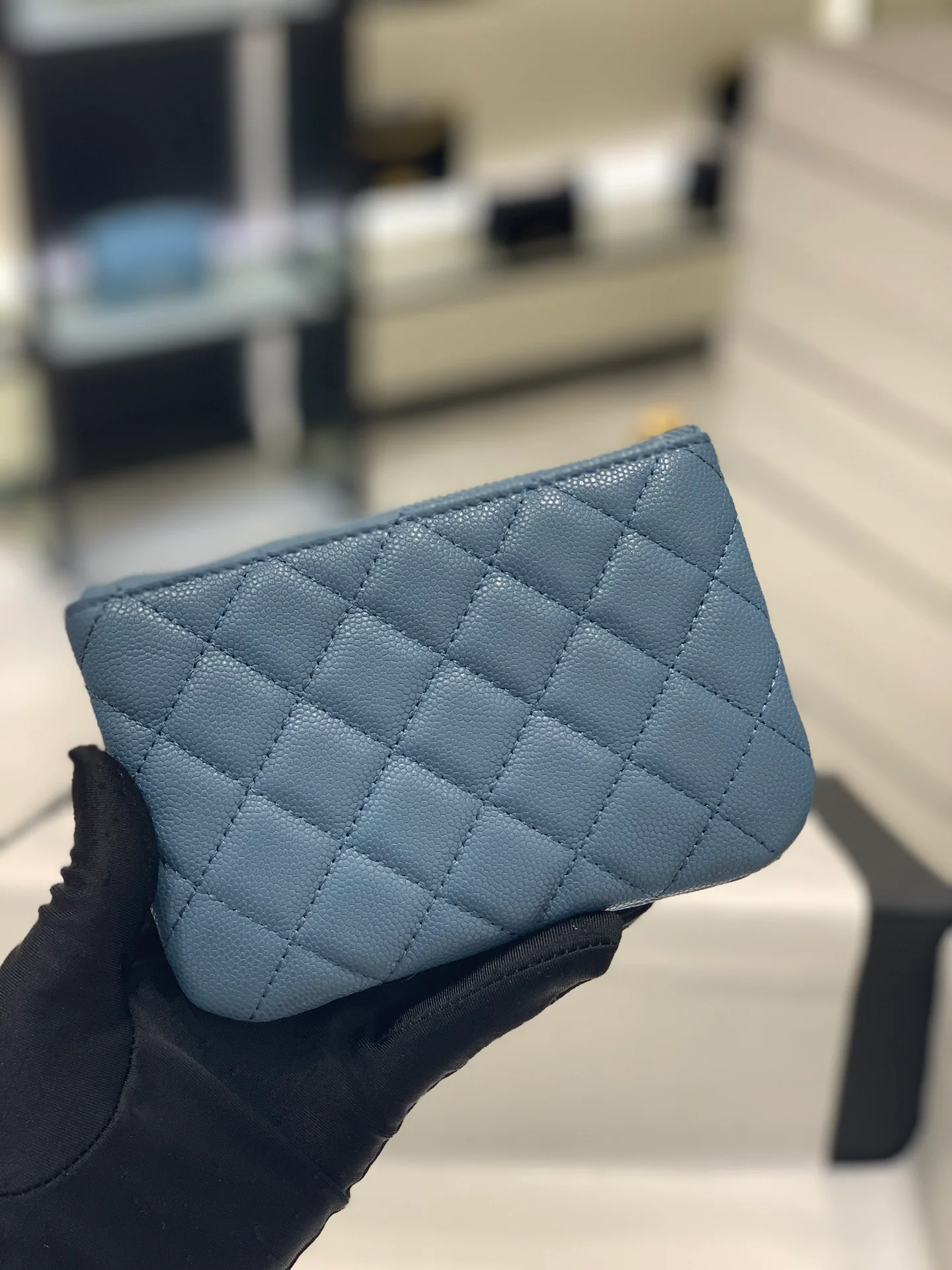 Chanel-经典双C 蓝色拉链零钱包/钥匙包